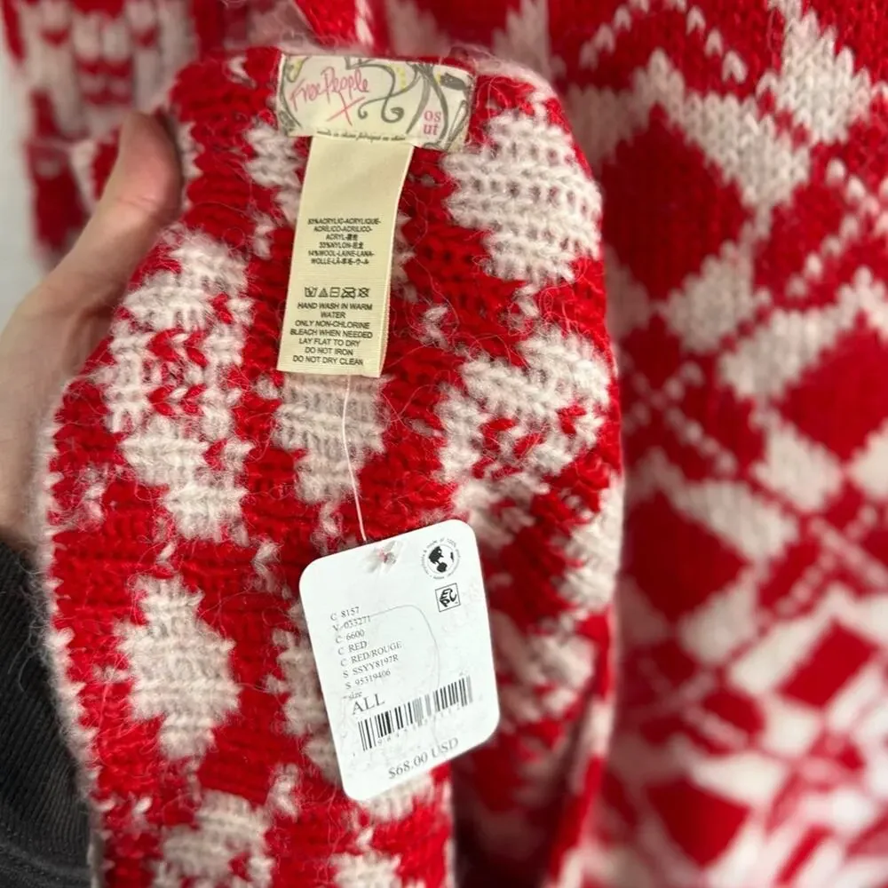 NWT Free People Matchbook Scarf Red and White Sweater Knit Scarf Boho Winter
